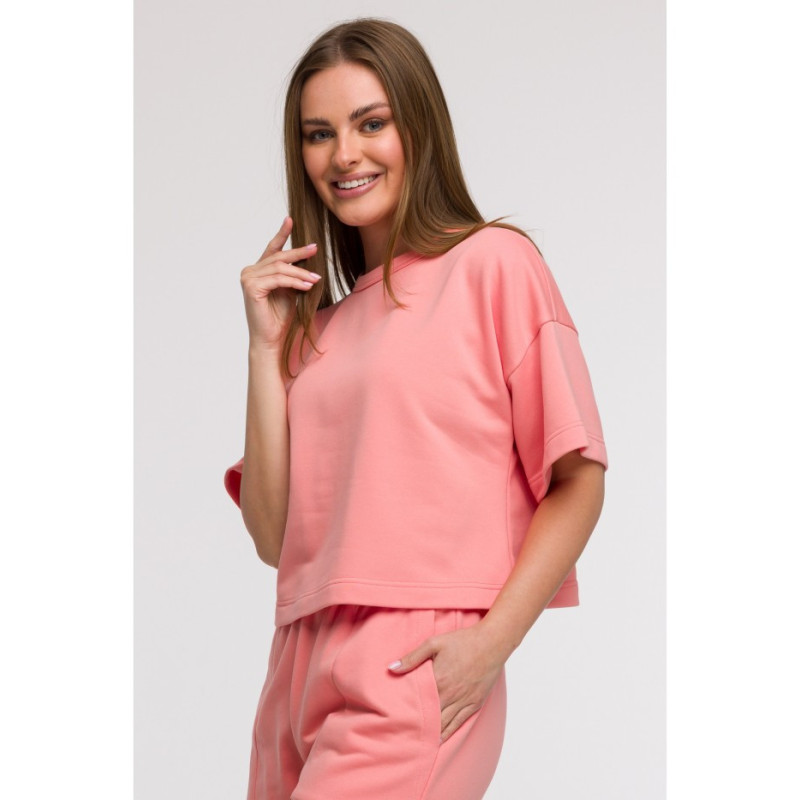B294 Bluza oversize z krótkimi rękawami - koralowa