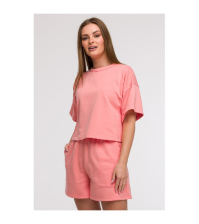 B294 Bluza oversize z krótkimi rękawami - koralowa