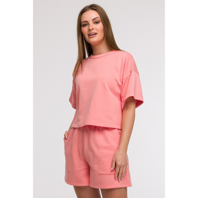 B294 Bluza oversize z krótkimi rękawami - koralowa
