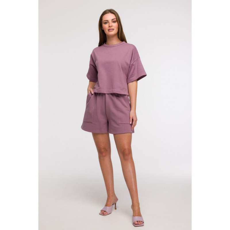 B294 Bluza oversize z krótkimi rękawami - wrzosowa