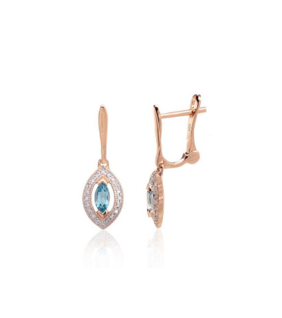 Gold earrings with 'english' lock 1201671(Au-R+PRh-W)_DI+TZB, Red Gold 585°, Rhodium (Plating) , Diamonds , Blue Topaz
