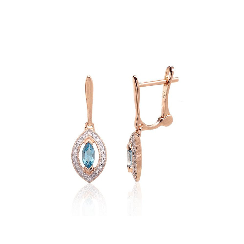 Gold earrings with 'english' lock 1201671(Au-R+PRh-W)_DI+TZB, Red Gold 585°, Rhodium (Plating) , Diamonds , Blue Topaz