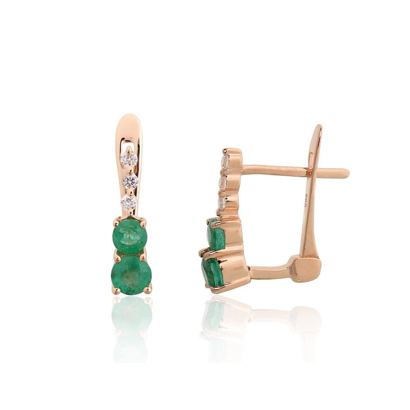 Zelta auskari ar 'angļu' slēdzēju 1201768(Au-R)_DI+EM, Sarkanais Zelts 585°, Briljanti , Smaragds