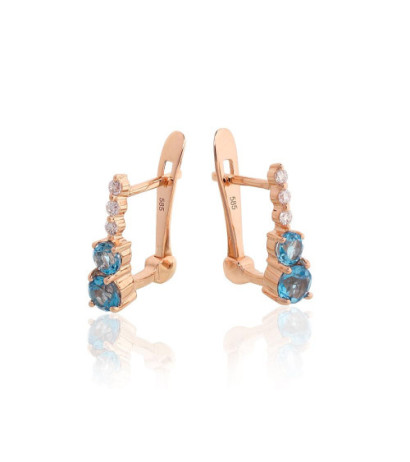 Gold earrings with 'english' lock 1201768(Au-R)_DI+TZB, Red Gold 585°, Diamonds , Blue Topaz