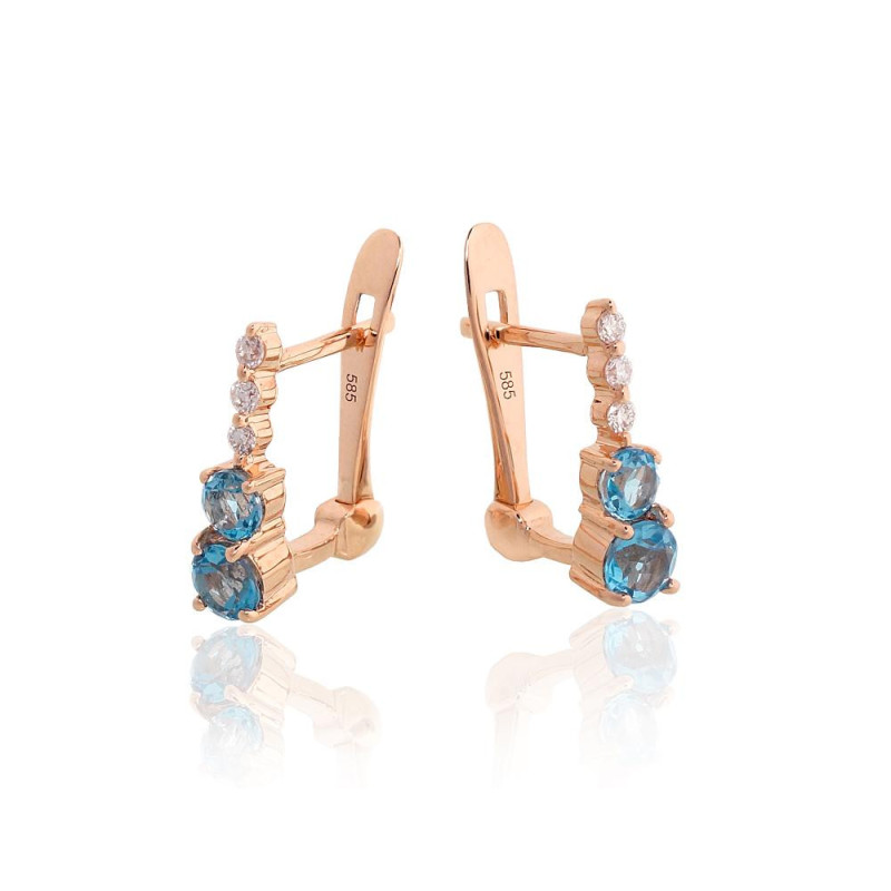 Auksiniai auskarai ant cilindrinės spynos 1201768(Au-R)_DI+TZB, Raudonas Auksas 585°, Briliantai , Mėlynas topazas