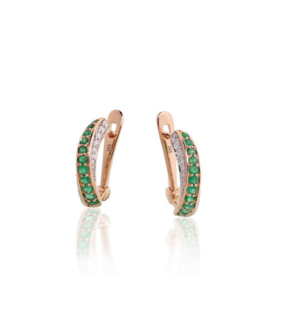 Gold earrings with 'english' lock 1201769(Au-R+PRh-W)_DI+EM, Red Gold 585°, Rhodium (Plating) , Diamonds , Emerald