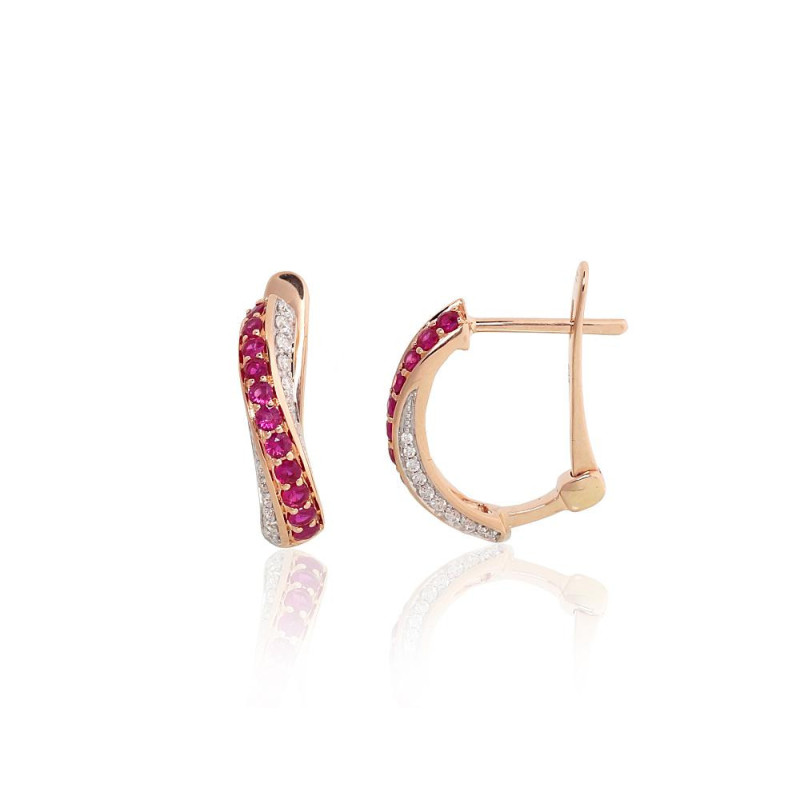 Gold earrings with 'english' lock 1201769(Au-R+PRh-W)_DI+RB, Red Gold 585°, Rhodium (Plating) , Diamonds , Ruby