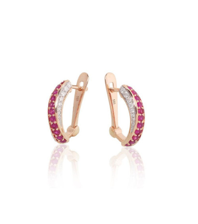 Gold earrings with 'english' lock 1201769(Au-R+PRh-W)_DI+RB, Red Gold 585°, Rhodium (Plating) , Diamonds , Ruby