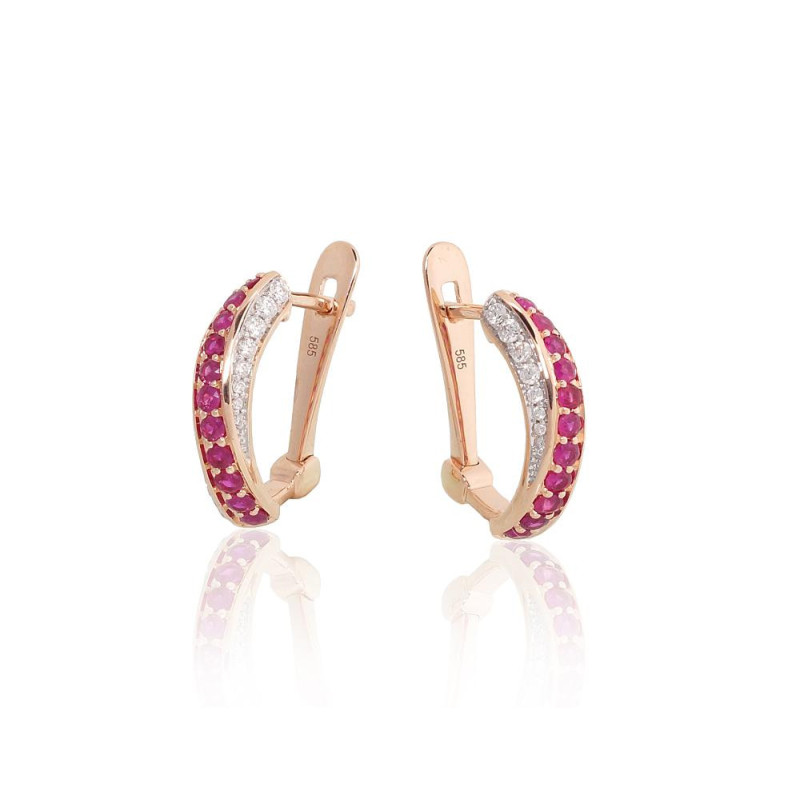 Gold earrings with 'english' lock 1201769(Au-R+PRh-W)_DI+RB, Red Gold 585°, Rhodium (Plating) , Diamonds , Ruby