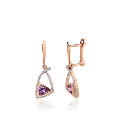 Gold earrings with 'english' lock 1201771(Au-R+PRh-W)_DI+AM, Red Gold 585°, Rhodium (Plating) , Diamonds , Amethyst