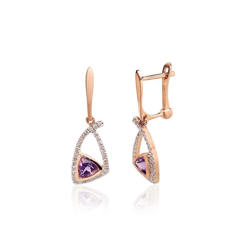 Gold earrings with 'english' lock 1201771(Au-R+PRh-W)_DI+AM, Red Gold 585°, Rhodium (Plating) , Diamonds , Amethyst