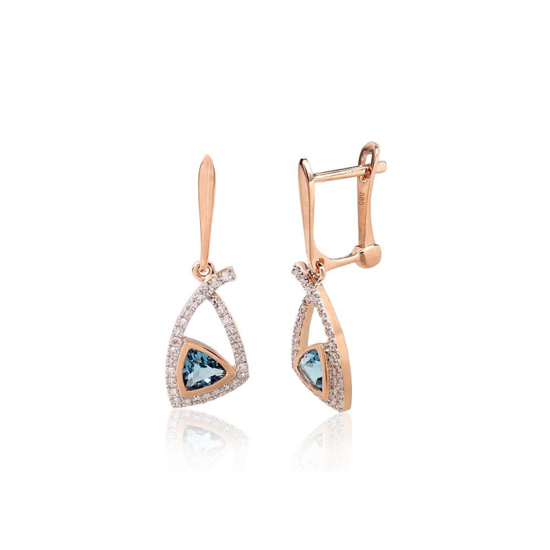 Gold earrings with 'english' lock 1201771(Au-R+PRh-W)_DI+TZB, Red Gold 585°, Rhodium (Plating) , Diamonds , Blue Topaz