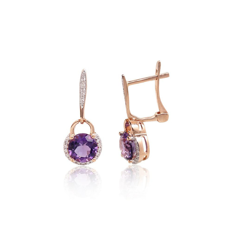 Gold earrings with 'english' lock 1201772(Au-R+PRh-W)_DI+AM, Red Gold 585°, Rhodium (Plating) , Diamonds , Amethyst