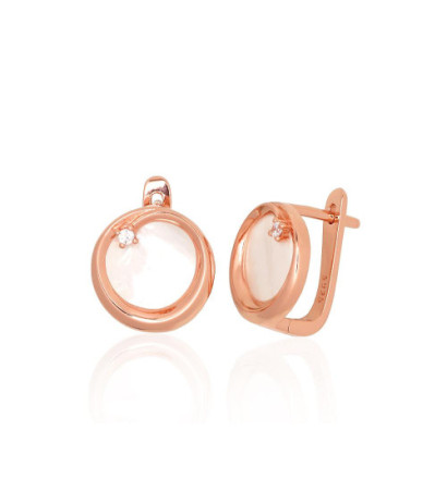 Silver earrings with 'english' lock 2204182(PAu-R)_CZ+PL, Silver 925°, red gold (Plating), Zirkons , Mother-of-pearl