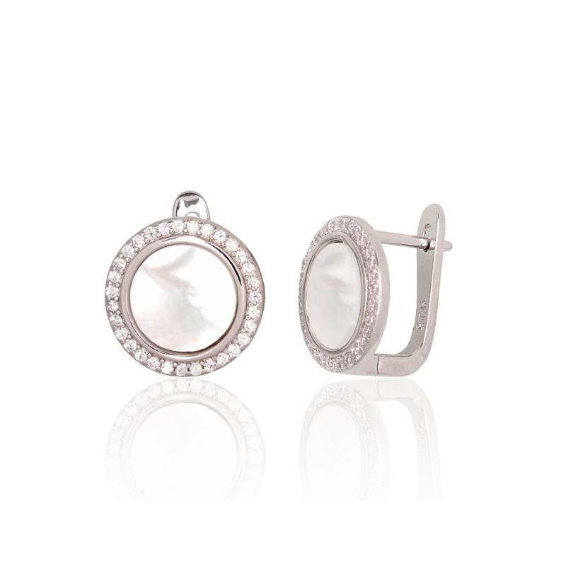 Silver earrings with 'english' lock 2204183(PRh-Gr)_CZ+PL, Silver 925°, Rhodium (Plating), Zirkons , Mother-of-pearl