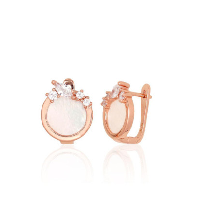 Silver earrings with 'english' lock 2204184(PAu-R)_CZ+PL, Silver 925°, red gold (Plating), Zirkons , Mother-of-pearl