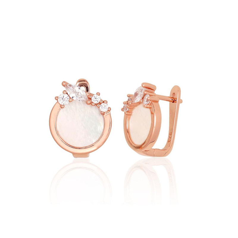 'Inglise' sulguriga hõbekõrverõngad 2204184(PAu-R)_CZ+PL, Hõbe 925°, punane kuld (kate), Tsirkonid , Pärlmutter