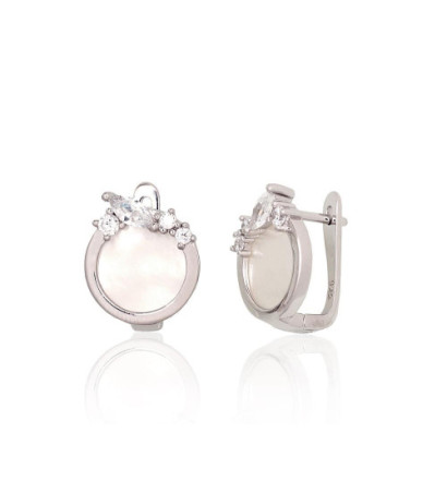 Silver earrings with 'english' lock 2204184(PRh-Gr)_CZ+PL, Silver 925°, Rhodium (Plating), Zirkons , Mother-of-pearl