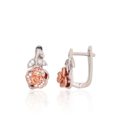 Silver earrings with 'english' lock 2204187(PRh-Gr+PAu-R)_CZ, Silver 925°, red gold (Plating)/, Rhodium (Plating), Zirkons