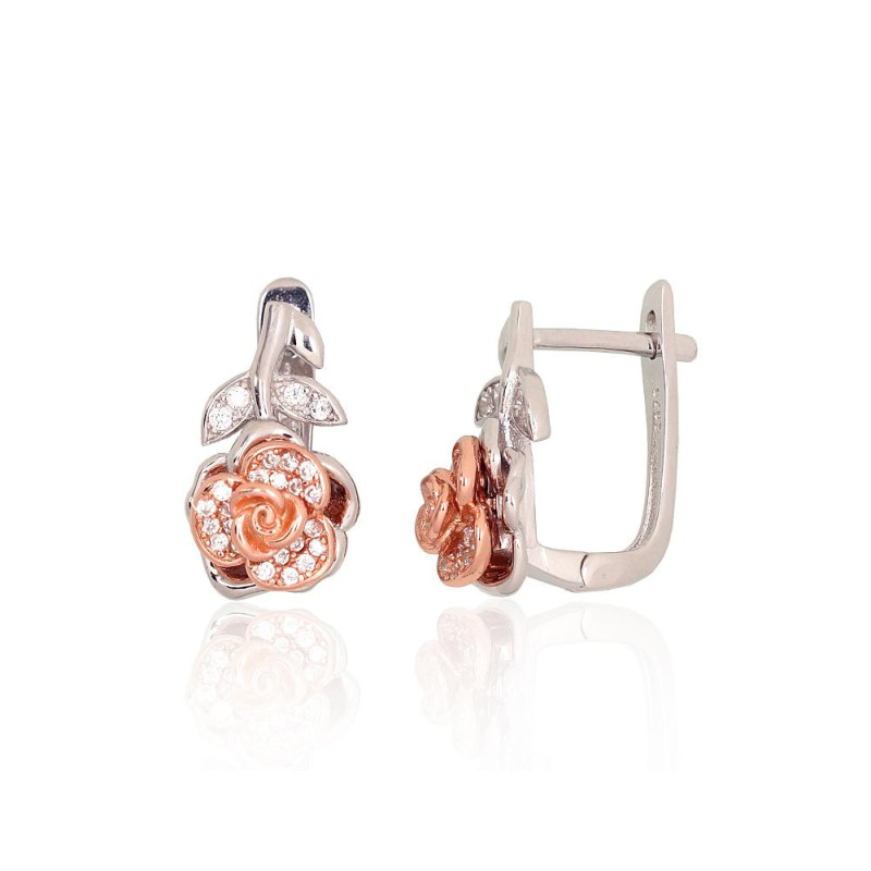 Silver earrings with 'english' lock 2204187(PRh-Gr+PAu-R)_CZ, Silver 925°, red gold (Plating)/, Rhodium (Plating), Zirkons