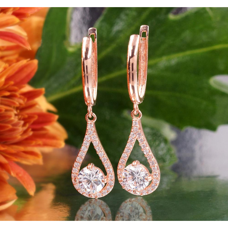 Gold earrings with 'english' lock 1201715(Au-R)_CZ, Red Gold 585°, Zirkons