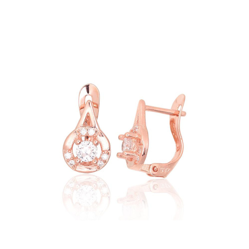Silver earrings with 'english' lock 2200789(PAu-R)_CZ, Silver 925°, red gold (Plating), Zirkons