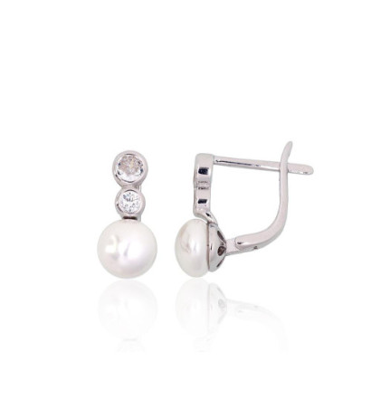 Silver earrings with 'english' lock 2204151(PRh-Gr)_CZ+PE, Silver 925°, Rhodium (Plating), Zirkons , Fresh-water Pearl