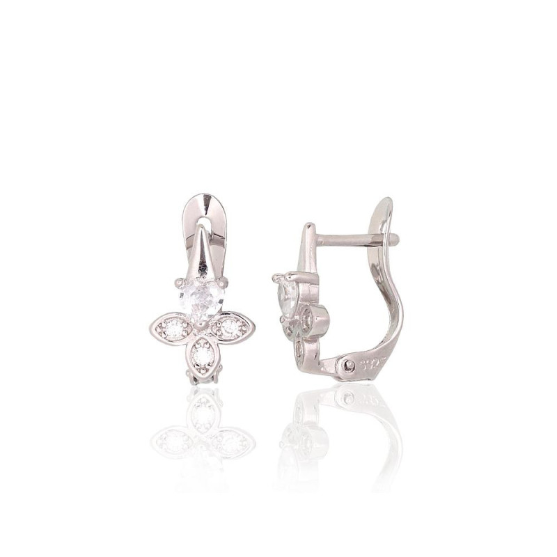 Silver earrings with 'english' lock 2200765(PRh-Gr)_CZ, Silver 925°, Rhodium (Plating), Zirkons
