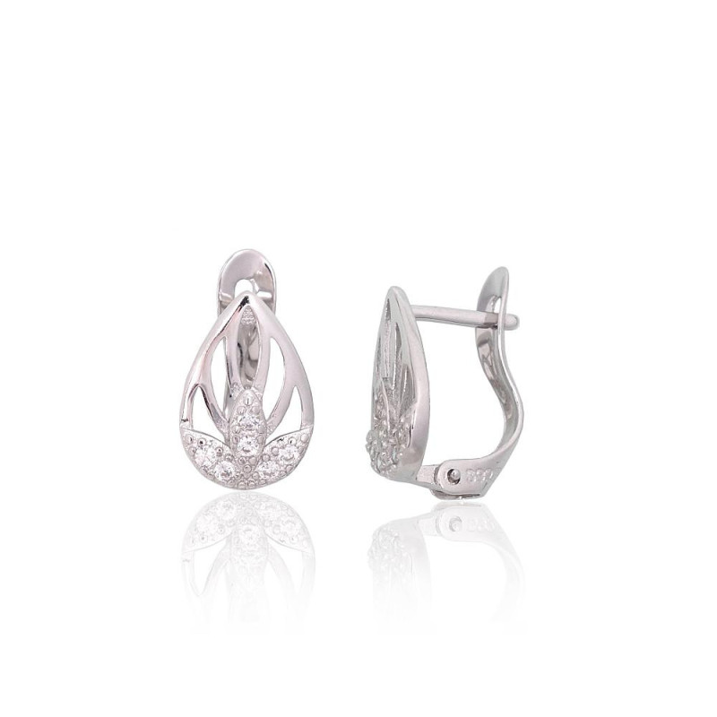Silver earrings with 'english' lock 2204118(PRh-Gr)_CZ, Silver 925°, Rhodium (Plating), Zirkons