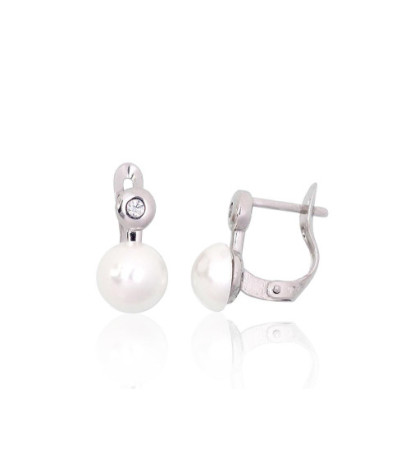 Silver earrings with 'english' lock 2204148(PRh-Gr)_CZ+PEX, Silver 925°, Rhodium (Plating), Zirkons , Fresh-water Pearl