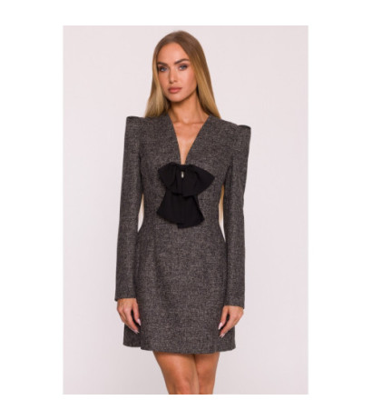 M869 Sukienka tweedowa z kokardą szyfonową - czarna