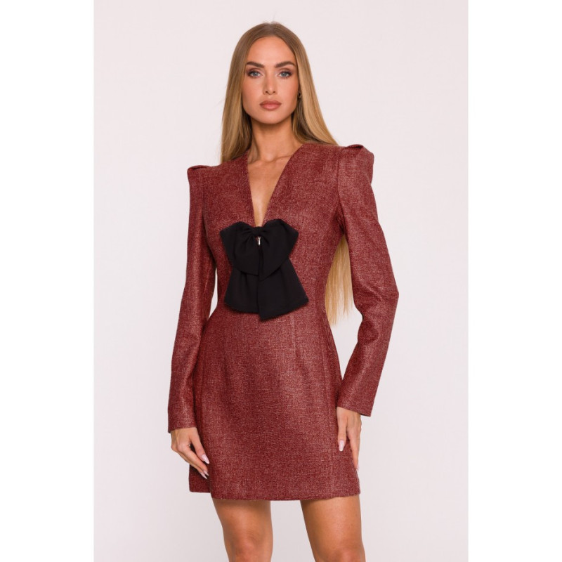 M869 Sukienka tweedowa z kokardą szyfonową - bordowa