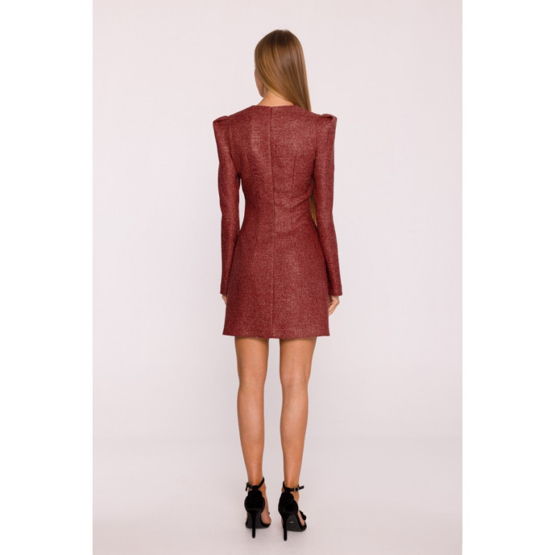 M869 Sukienka tweedowa z kokardą szyfonową - bordowa
