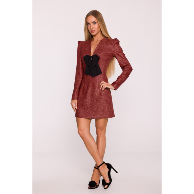 M869 Sukienka tweedowa z kokardą szyfonową - bordowa