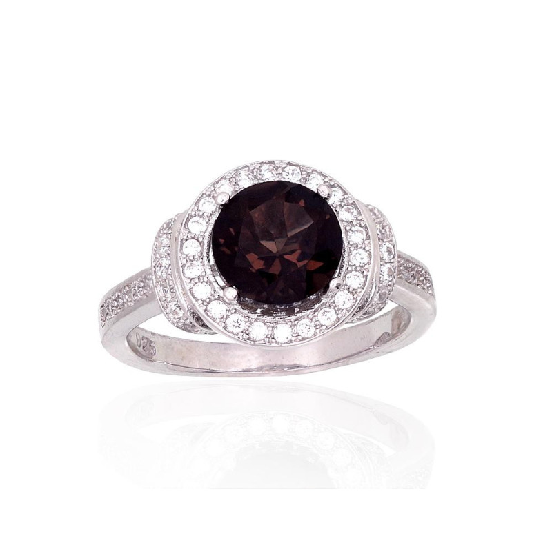 Silver ring 2101887(PRh-Gr)_CZ+KZSM, Silver 925°, Rhodium (Plating), Zirkons , Smoky Quarz