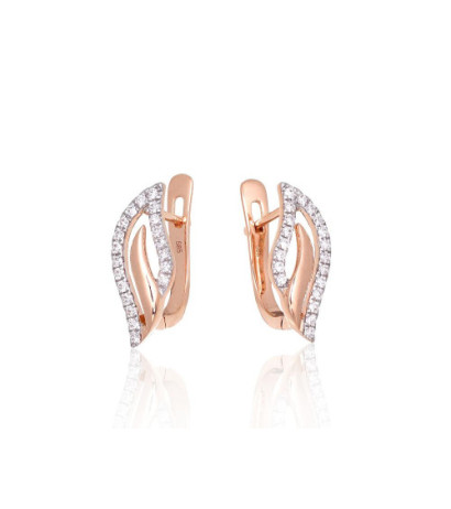 Gold earrings with 'english' lock 1201667(Au-R+PRh-W)_DI, Red Gold 585°, Rhodium (Plating) , Diamonds