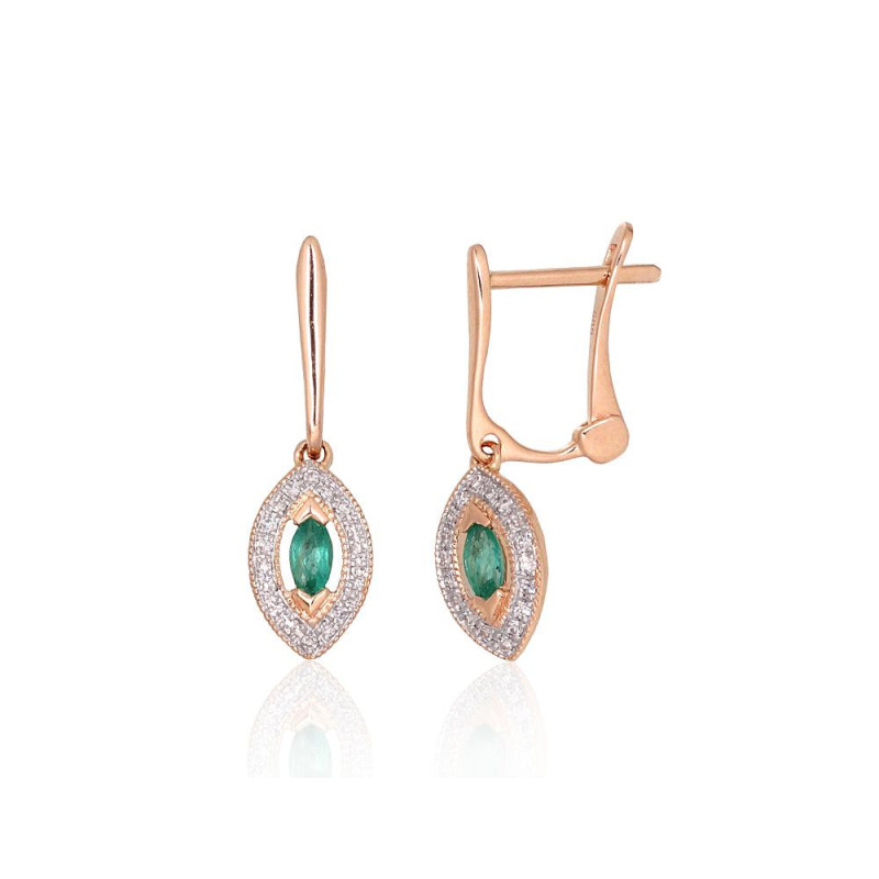 Gold earrings with 'english' lock 1201671(Au-R+PRh-W)_DI+EM, Red Gold 585°, Rhodium (Plating) , Diamonds , Emerald