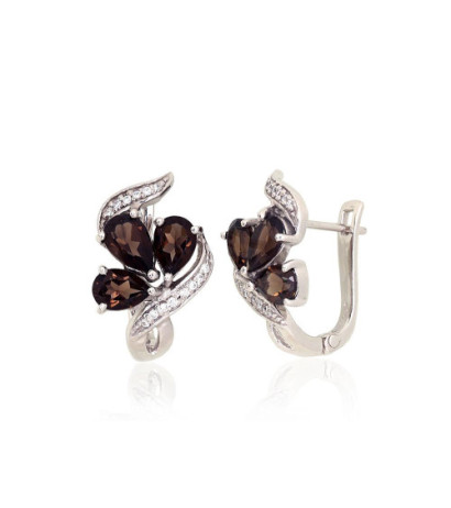 Silver earrings 2204053(PRh-Gr)_CZ+KZSM, Silver 925°, Rhodium (Plating), Zirkons , Smoky Quarz