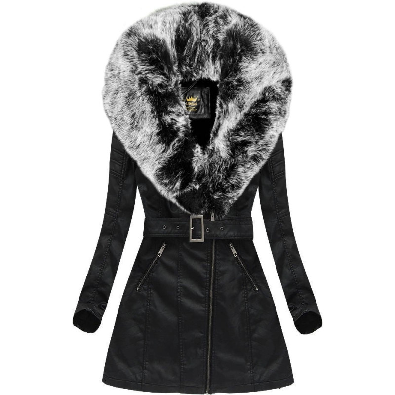 COAT WITH FUR COLLAR BLACK + GREY (5518) striukė