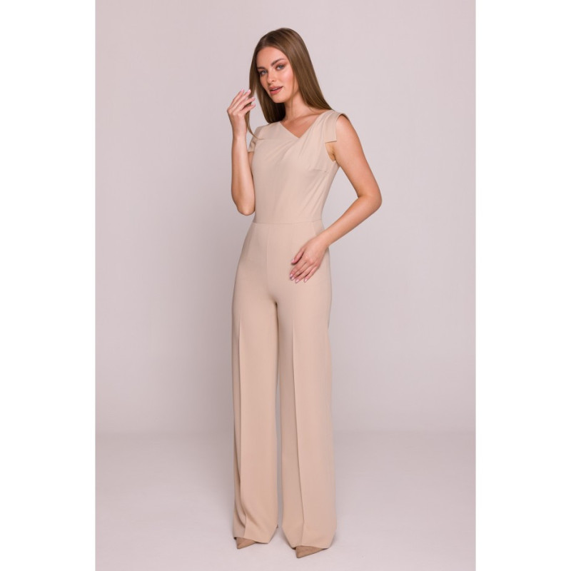 S407 Kombinezon z asymetrycznym dekoltem - beżowy