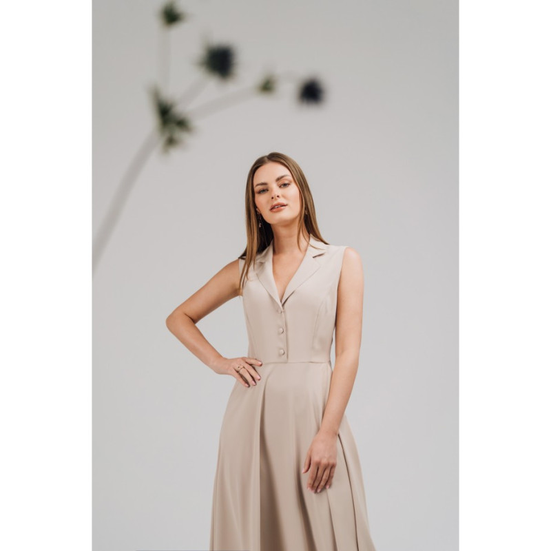 S409 Sukienka z rozpinanym dekoltem - beżowa