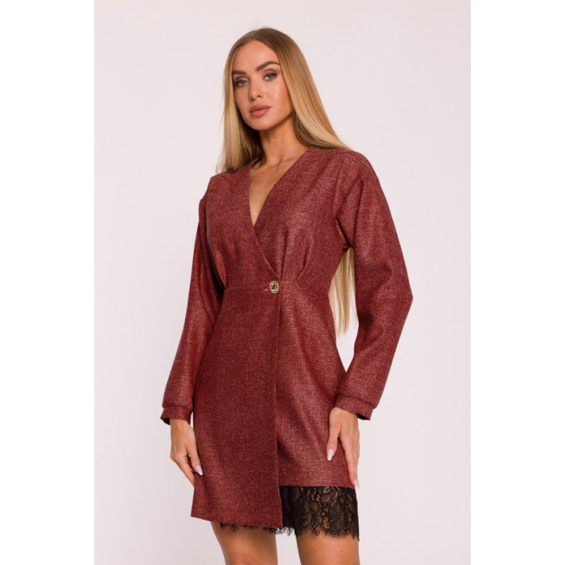 M871 Sukienka tweedowa z koronką - bordowa