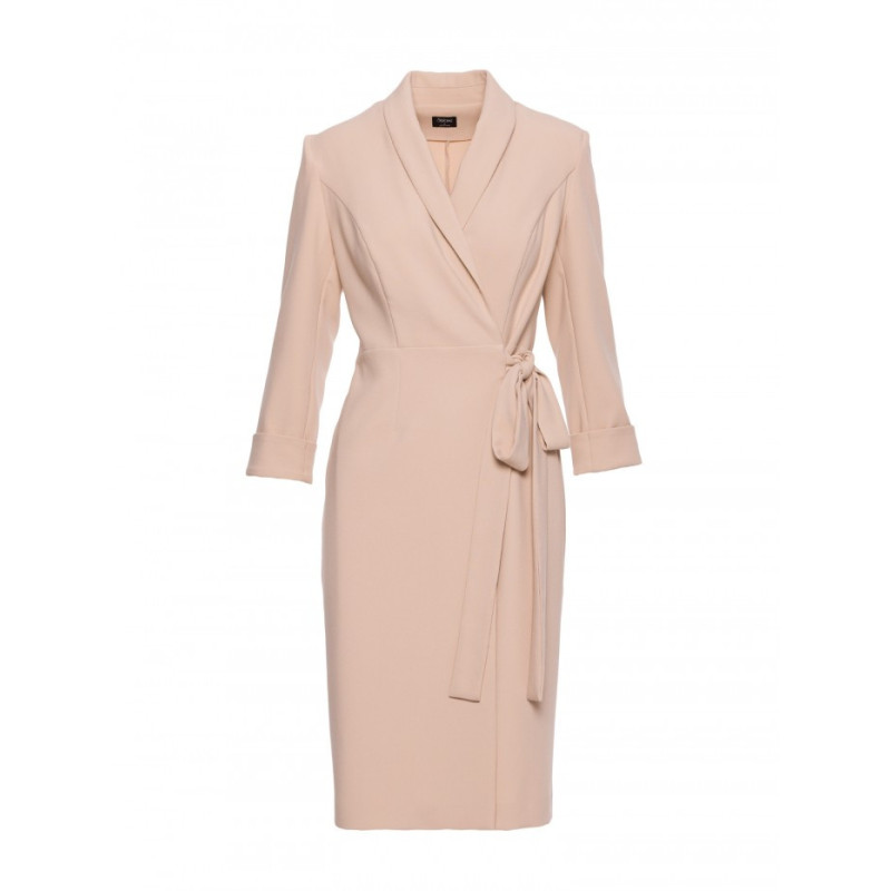 S415 Sukienka szmizjerka wiązana w talii - beżowa