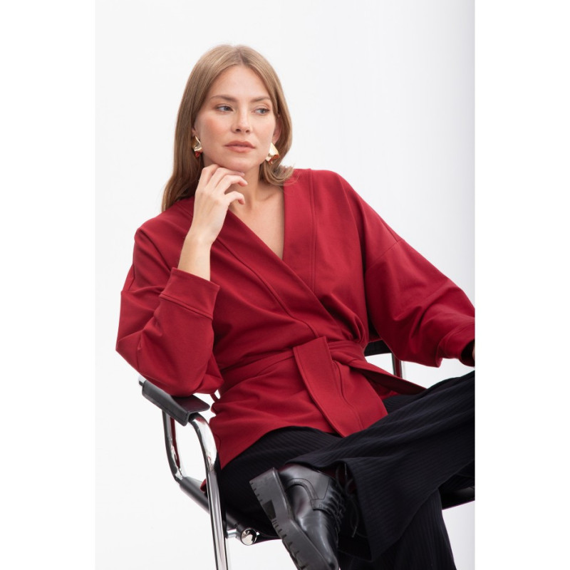 B297 Blezer narzutka z paskiem - bordowy