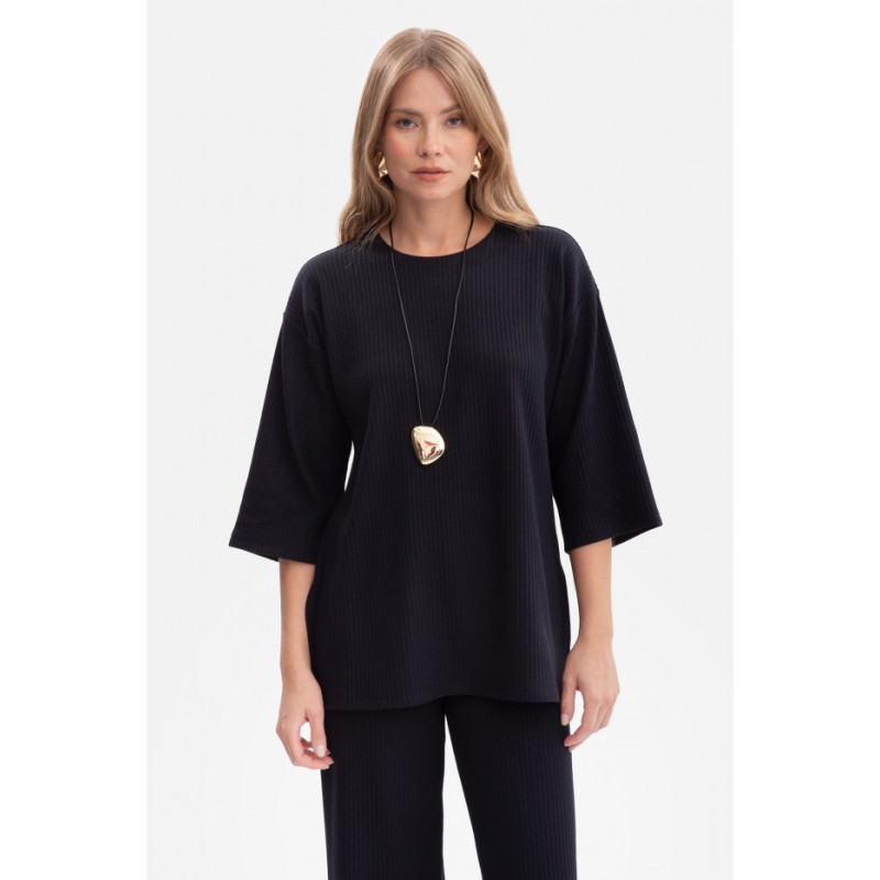 B301 Bluzka z dzianiny prążkowanej - czarna