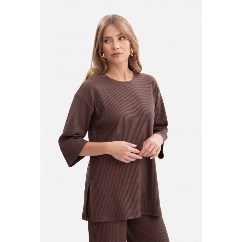 B301 Bluzka z dzianiny prążkowanej - brązowa