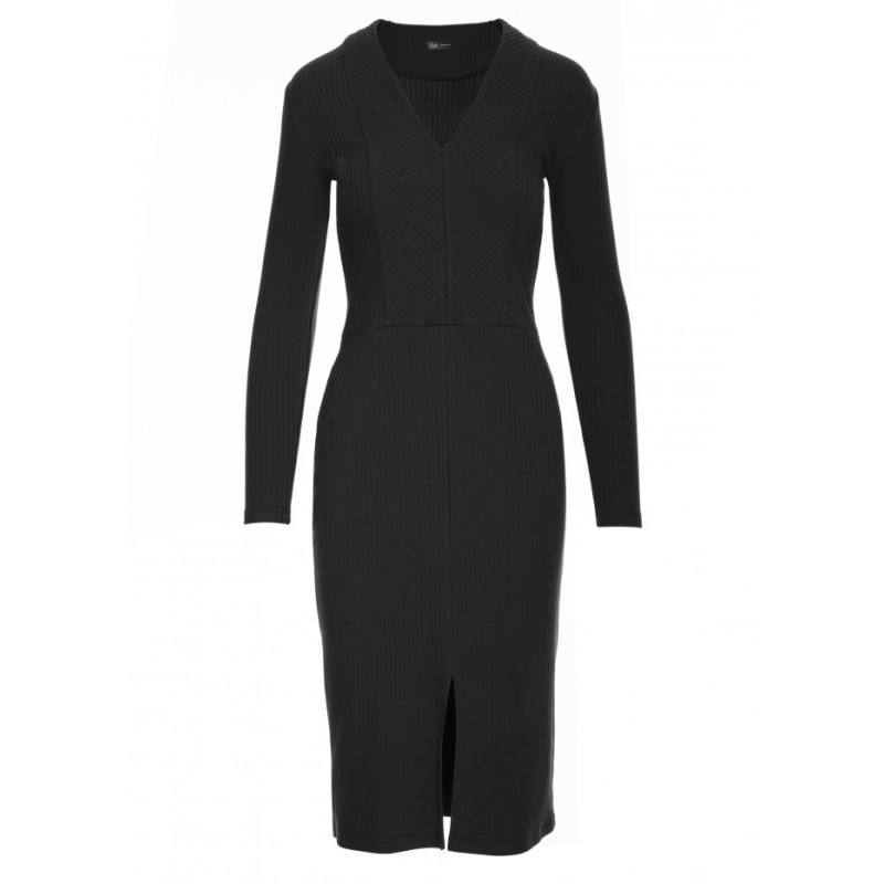 B307 Sukienka ołówkowa z dzianiny prążkowanej - czarna