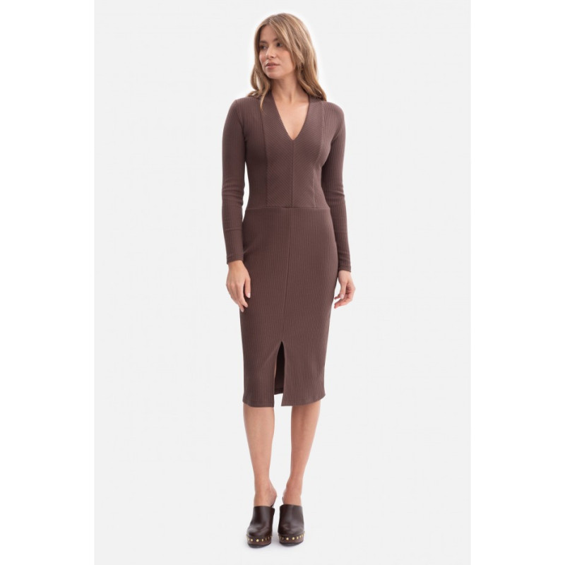 B307 Sukienka ołówkowa z dzianiny prążkowanej - brązowa