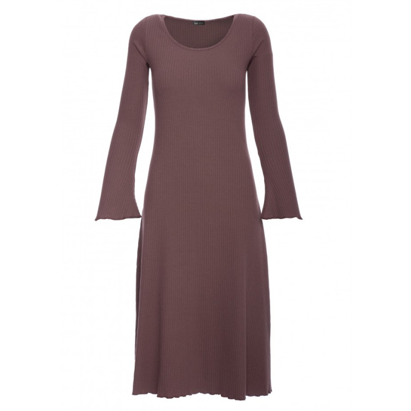 B308 Sukienka midi z dzianiny prążkowanej z dekoltem - brązowa