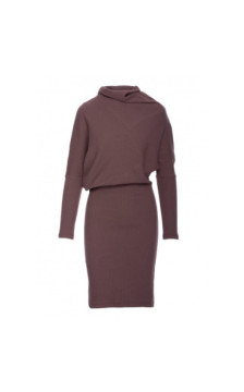 B309 Sukienka bluzowana z dzianiny prążkowanej - brązowa